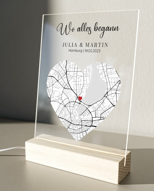 Wo alles Begann Karte - Personalisiertes Acrylglas als Partnergeschenk - Geschenkfreude