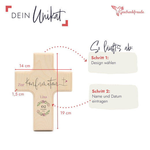 Holzkreuz zur Konfirmation personalisiert Kranz Rosa  - Geschenkfreude