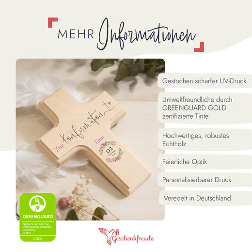 Holzkreuz zur Konfirmation personalisiert Kranz Rosa  - Geschenkfreude