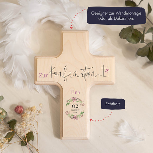 Holzkreuz zur Konfirmation personalisiert Kranz Rosa  - Geschenkfreude