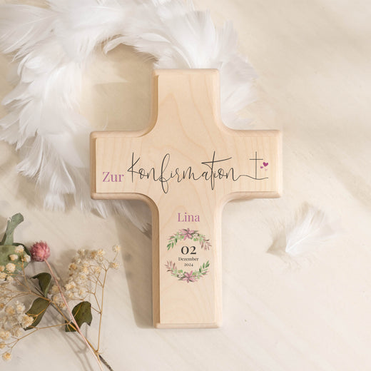 Holzkreuz zur Konfirmation personalisiert Kranz Rosa  - Geschenkfreude