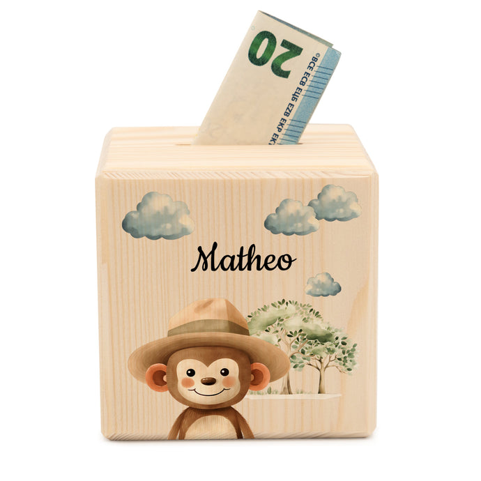 Holzspardose für Kinder Safari-Motiv Affe  - Geschenkfreude
