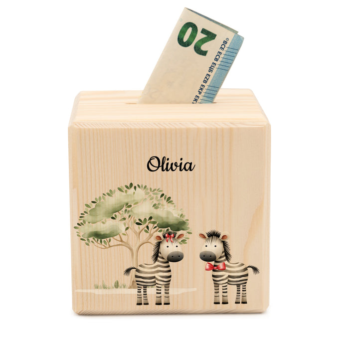 Holzspardose für Kinder Safari-Motiv Zebra  - Geschenkfreude