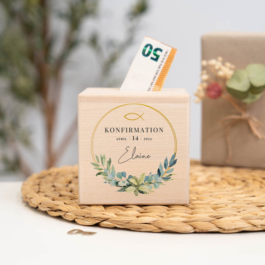 Personalisierte Spardose zur Konfirmation - Motiv Rund  - Geschenkfreude