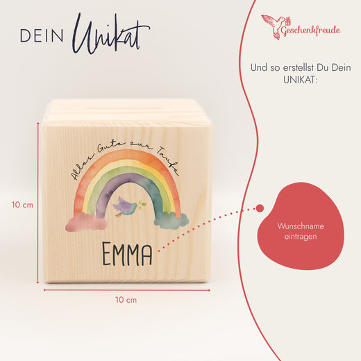 Spardose Kinder Personalisiert aus Holz Motiv Taufe mit Regenbogen  - Geschenkfreude