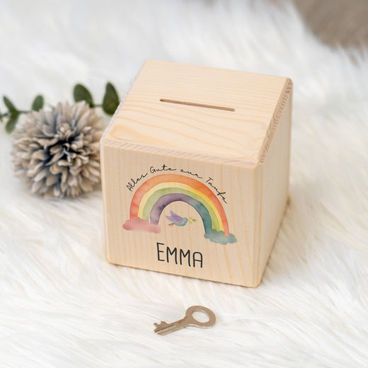 Spardose Kinder Personalisiert aus Holz Motiv Taufe mit Regenbogen  - Geschenkfreude