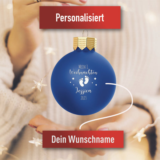 Personalisierte Christbaumkugel Blau - Motiv Erstes Weihnachten  - Geschenkfreude