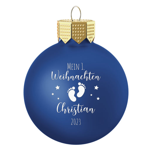 Personalisierte Christbaumkugel Blau - Motiv Erstes Weihnachten  - Geschenkfreude