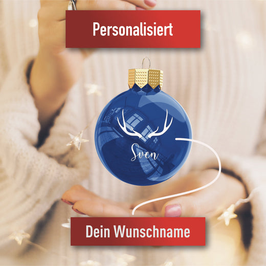 Personalisierte Christbaumkugel Blau - Motiv Geweih  - Geschenkfreude