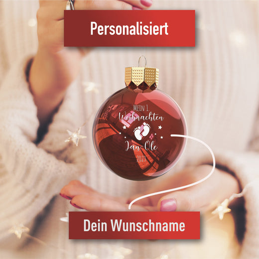Personalisierte Weihnachtskugel Rot - Motiv Erstes Weihnachten  - Geschenkfreude