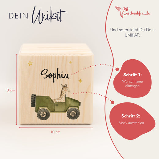 Spardose Kinder Personalisiert aus Holz Jeep Motiv  - Geschenkfreude