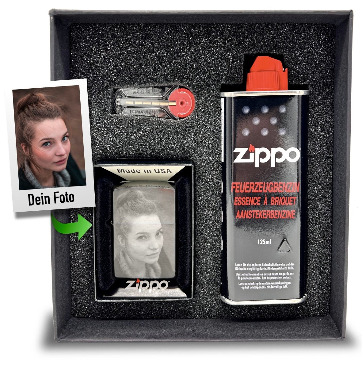 LAUBLUST Benzinfeuerzeug Personalisiert – Mit Foto, Name & Datum, Metallgehäuse, Schwarz, Geschenk Für Männer